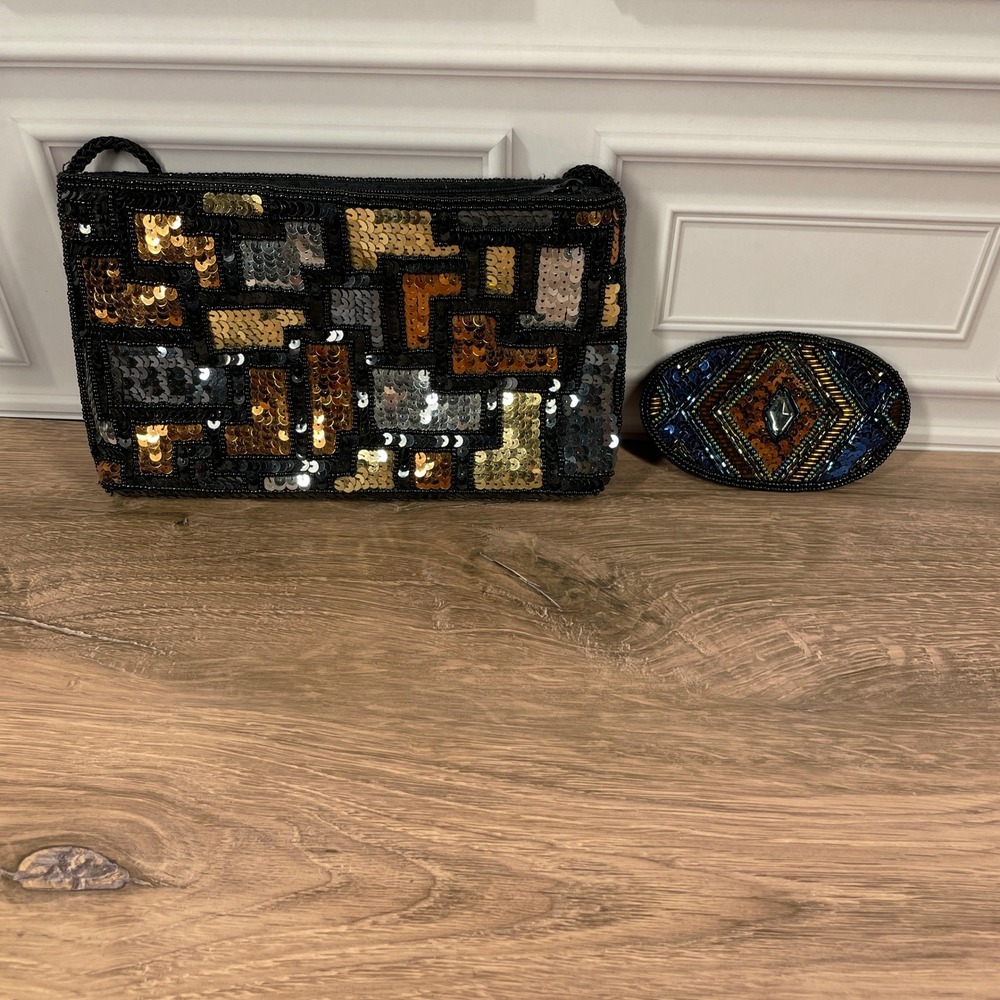 Vintage Carla Marchi Sequined Evening Bag Clutch Party Purse w/Beaded Hair Clip